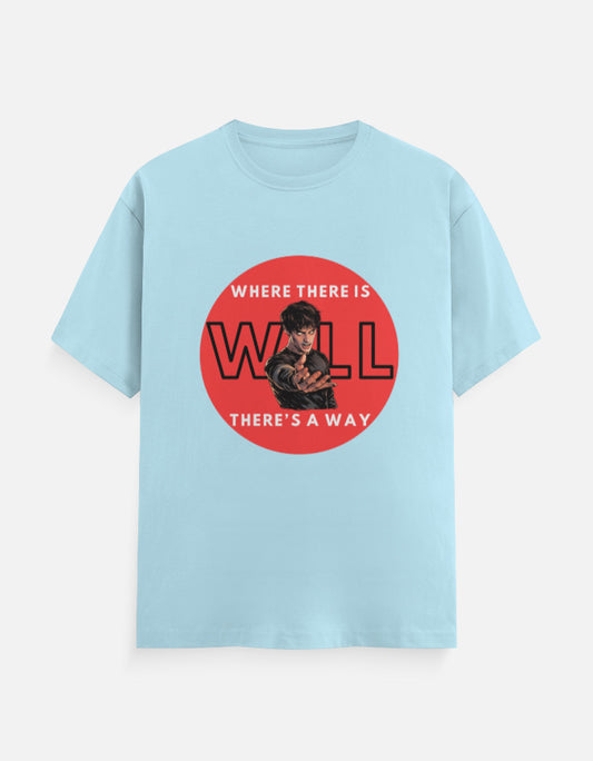 Baby-bluegraphic t-shirt with Stranger Things inspired will power design and red circular artwork