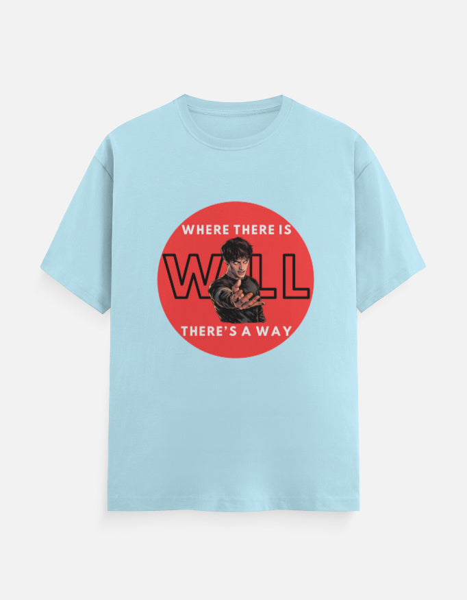 Baby-bluegraphic t-shirt with Stranger Things inspired will power design and red circular artwork