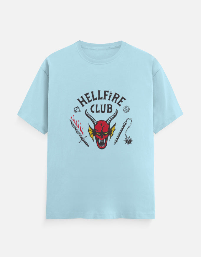 Blue graphic t-shirt with Stranger Things inspired Hellfire design