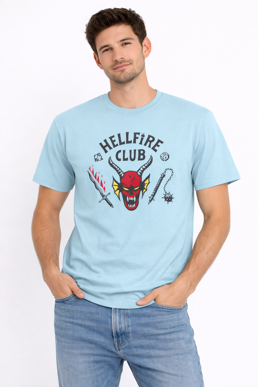 Model wearing blue Stranger Things inspired graphic t-shirt with Hellfire design
