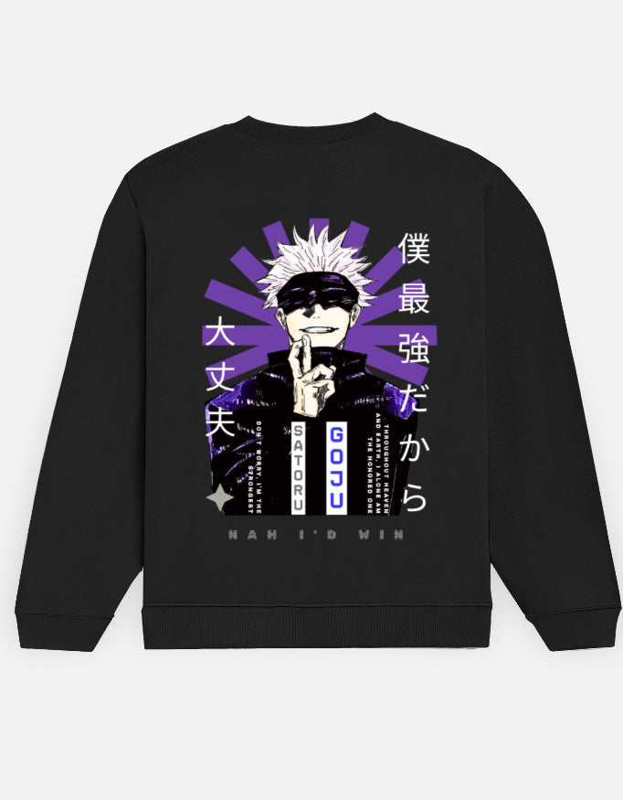 Black sweatshirt with anime character and text on a white background