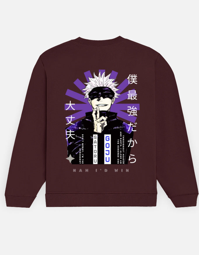 Maroon sweatshirt with anime character and text on a white background