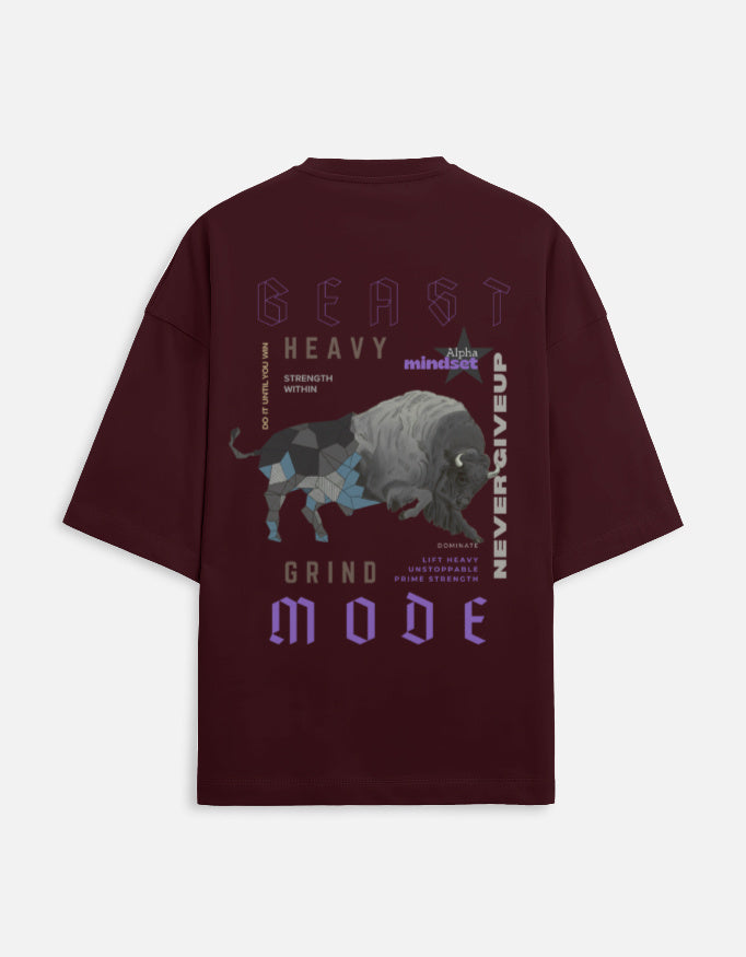 Men’s oversized maroon Beast Mode gym t-shirt with bull graphic and unstoppable mindset print front and back view.