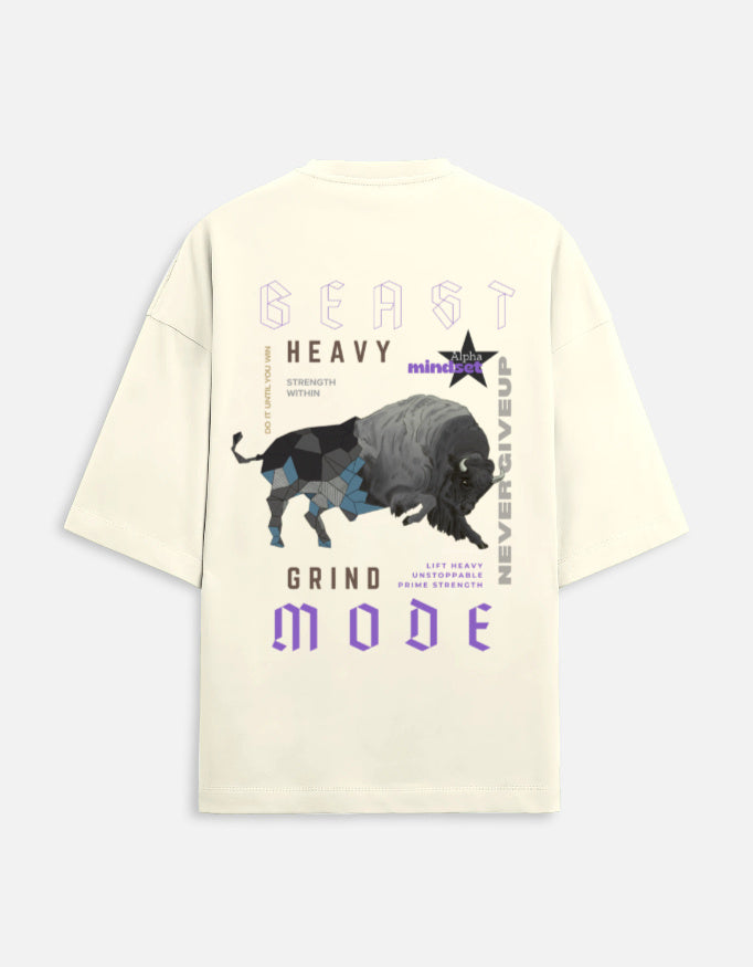 Men’s oversized off-white Beast Mode gym t-shirt with bull graphic and unstoppable mindset print front and back view.