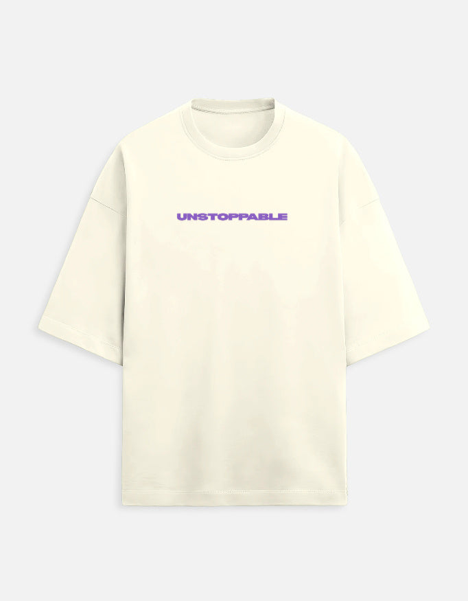 Men’s oversized off-white Beast Mode gym t-shirt with bull graphic and unstoppable mindset print front and back view.