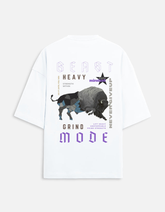 Men’s oversized white Beast Mode gym t-shirt with bull graphic and unstoppable mindset print front and back view.