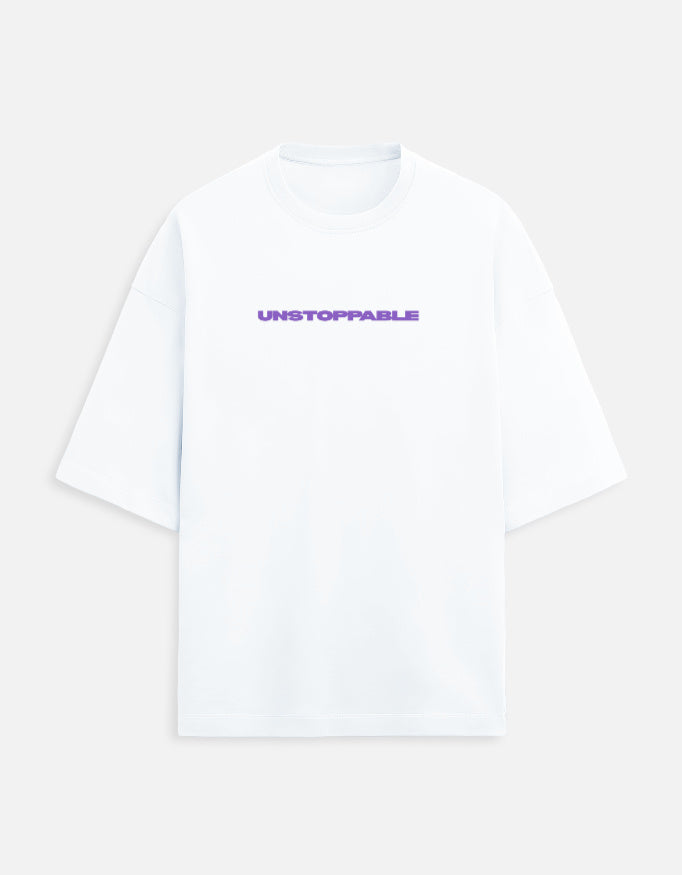 Men’s oversized white Beast Mode gym t-shirt with bull graphic and unstoppable mindset print front and back view.