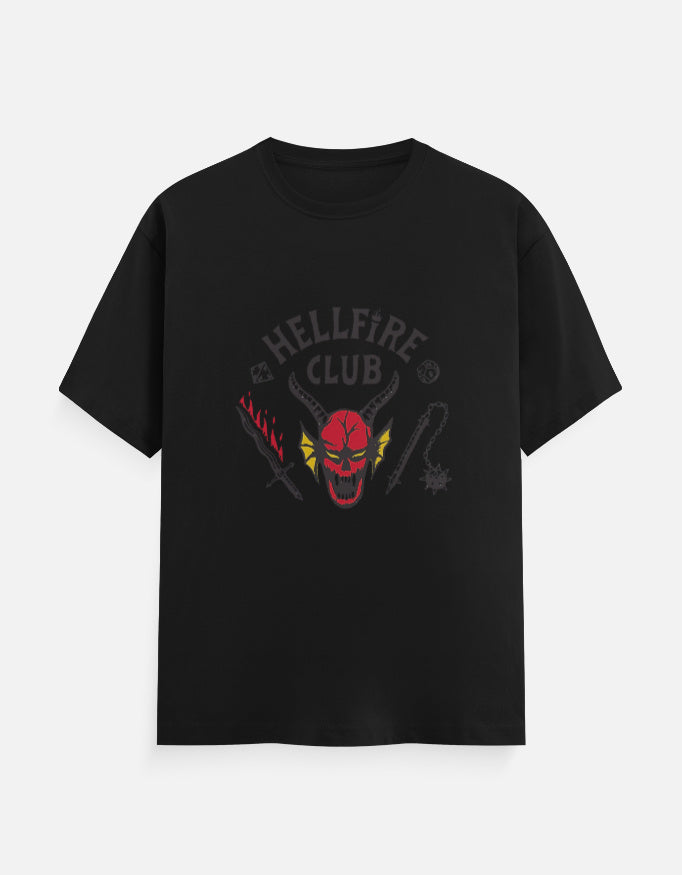 Black graphic t-shirt with Stranger Things inspired Hellfire design