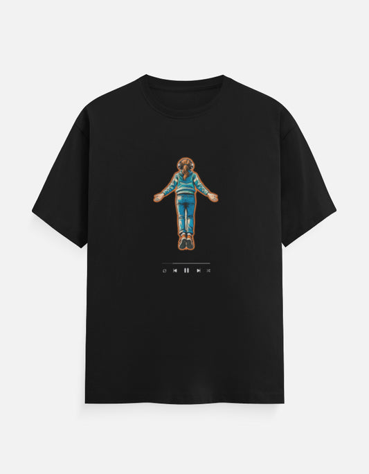 Black graphic t-shirt with Stranger Things inspired Max flying t-shirt