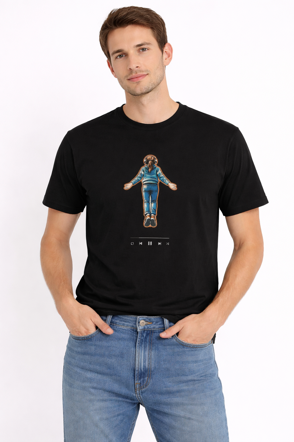 Model wearing black  Stranger Things inspired graphic t-shirt with Max flying design