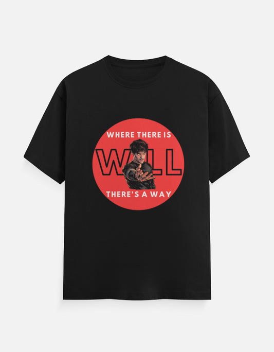 Black graphic t-shirt with Stranger Things inspired will power design and red circular artwork