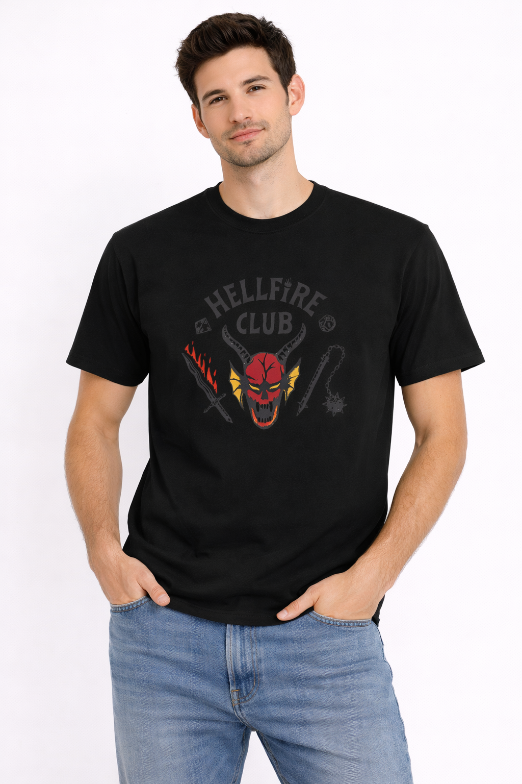 Model wearing black Stranger Things inspired graphic t-shirt with Hellfire design