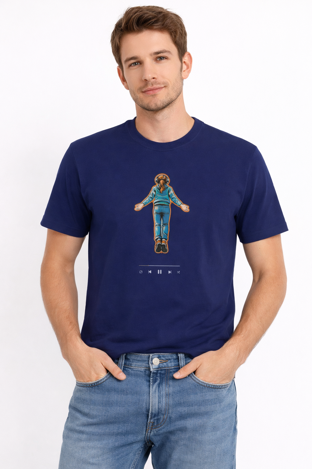 Model wearing blue Stranger Things inspired graphic t-shirt with Max flying design