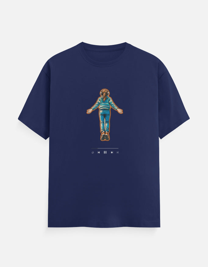 Blue graphic t-shirt with Stranger Things inspired Max flying t-shirt