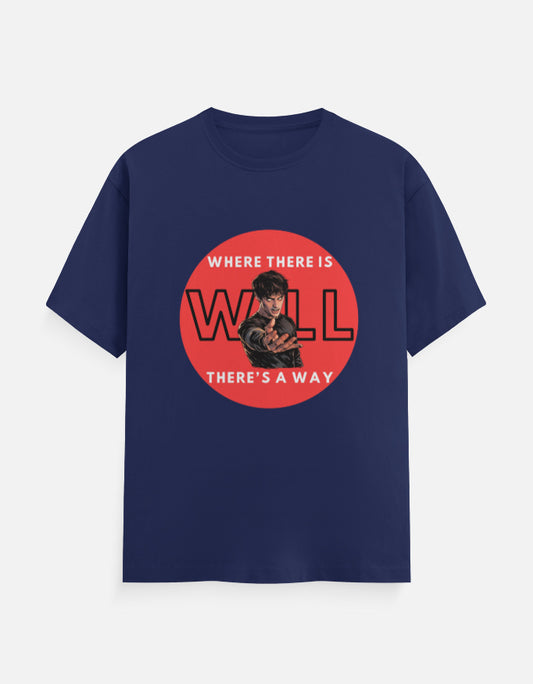 Blue graphic t-shirt with Stranger Things inspired will over fear design and character print