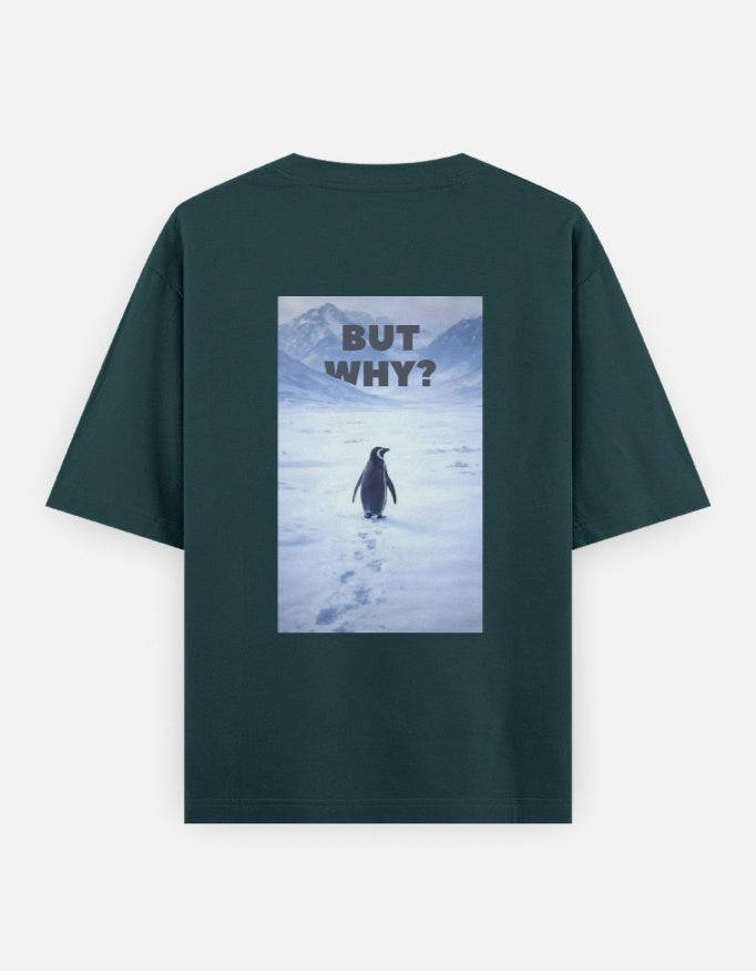 Back view of a teal t-shirt featuring a rectangular graphic of a lone penguin walking across a snowy Antarctic landscape toward mountains with the text "BUT WHY?" in bold grey letters.
