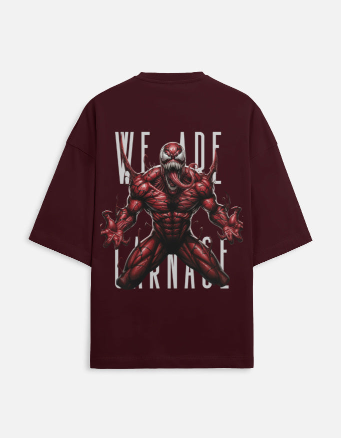 Maroon oversized t-shirt with red carnage monster graphic back print