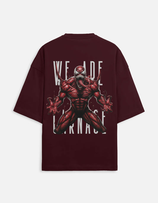 Maroon oversized t-shirt with red carnage monster graphic back print