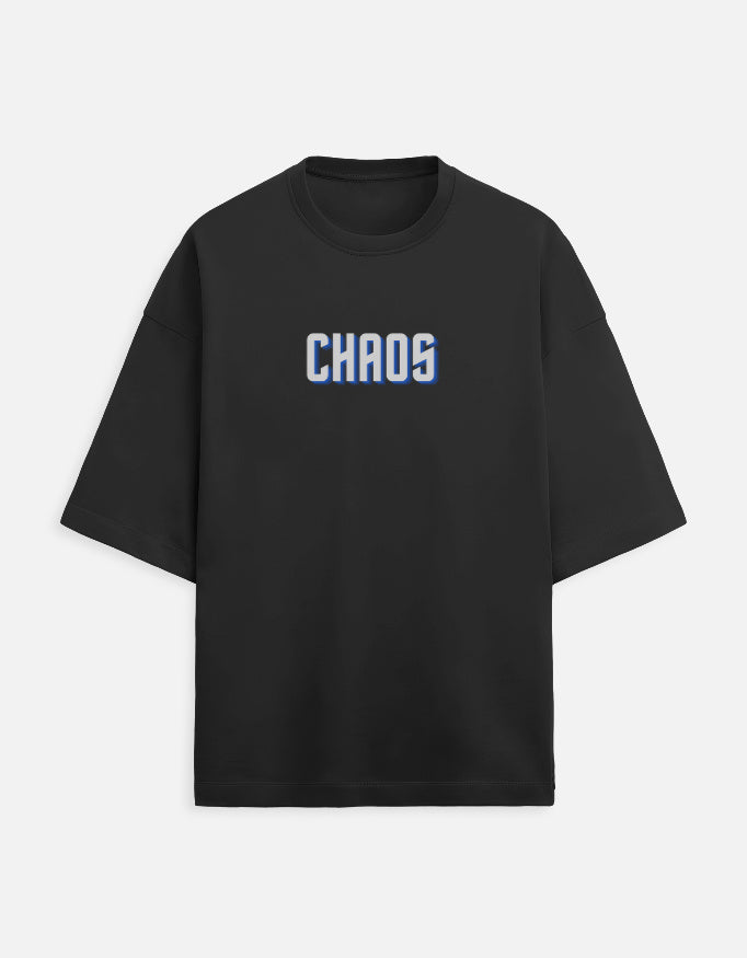 Oversized black streetwear t-shirt with CHAOS text print on chest