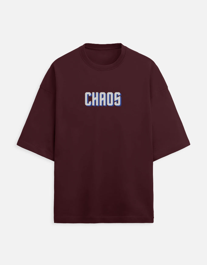Oversized maroon streetwear t-shirt with CHAOS text print on chest