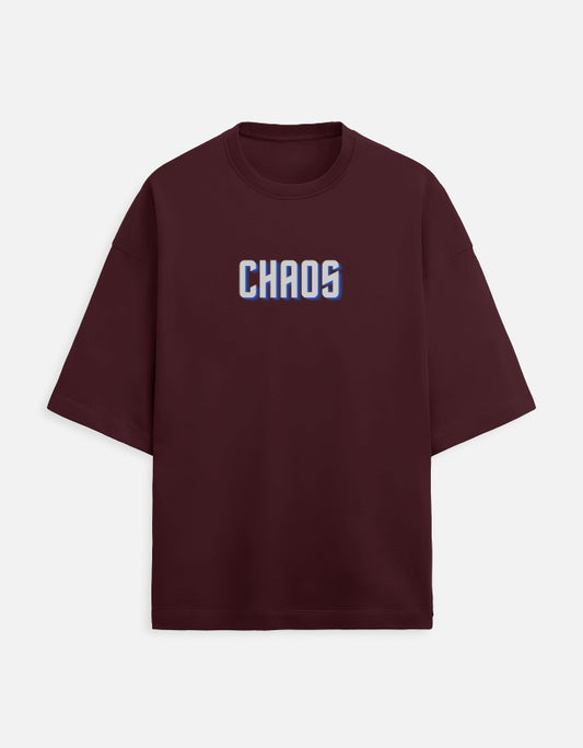 Oversized maroon streetwear t-shirt with CHAOS text print on chest