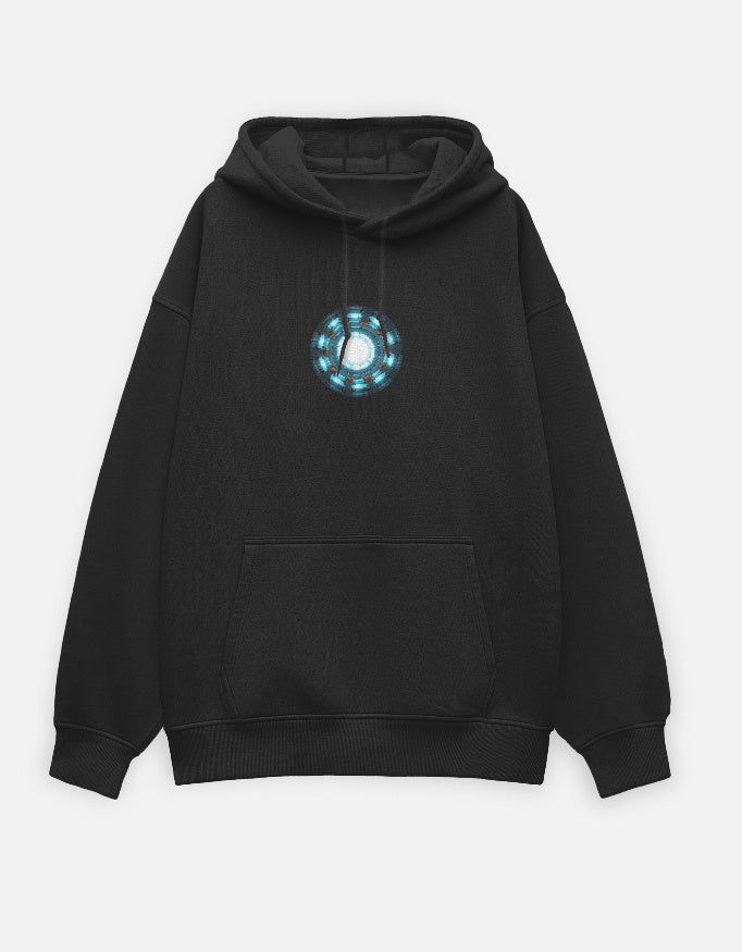 Black oversized hoodie with glowing energy core graphic on chest