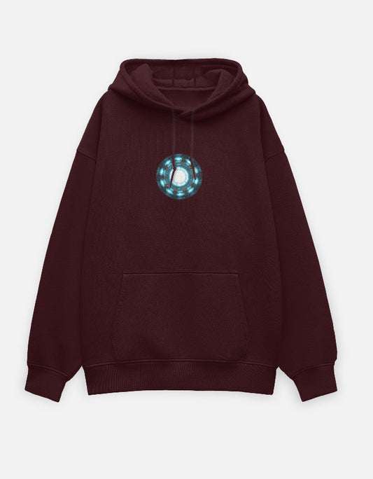 Maroon oversized hoodie with glowing energy core graphic on chest
