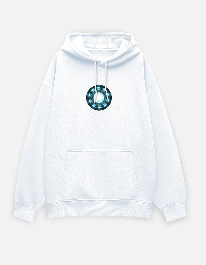 White oversized hoodie with glowing energy core graphic on chest