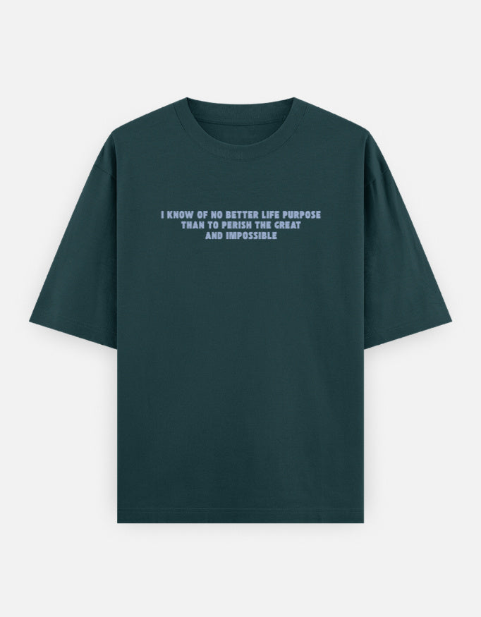 Front view of a steel oversized t-shirt featuring the quote "I know of no better life purpose than to perish the great and impossible" printed in grey block letters across the chest.
