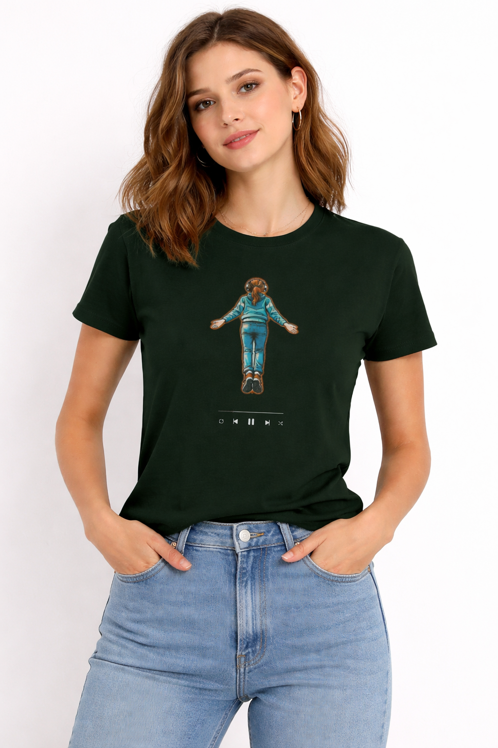 Model wearing green Stranger Things inspired graphic t-shirt with Max flying design