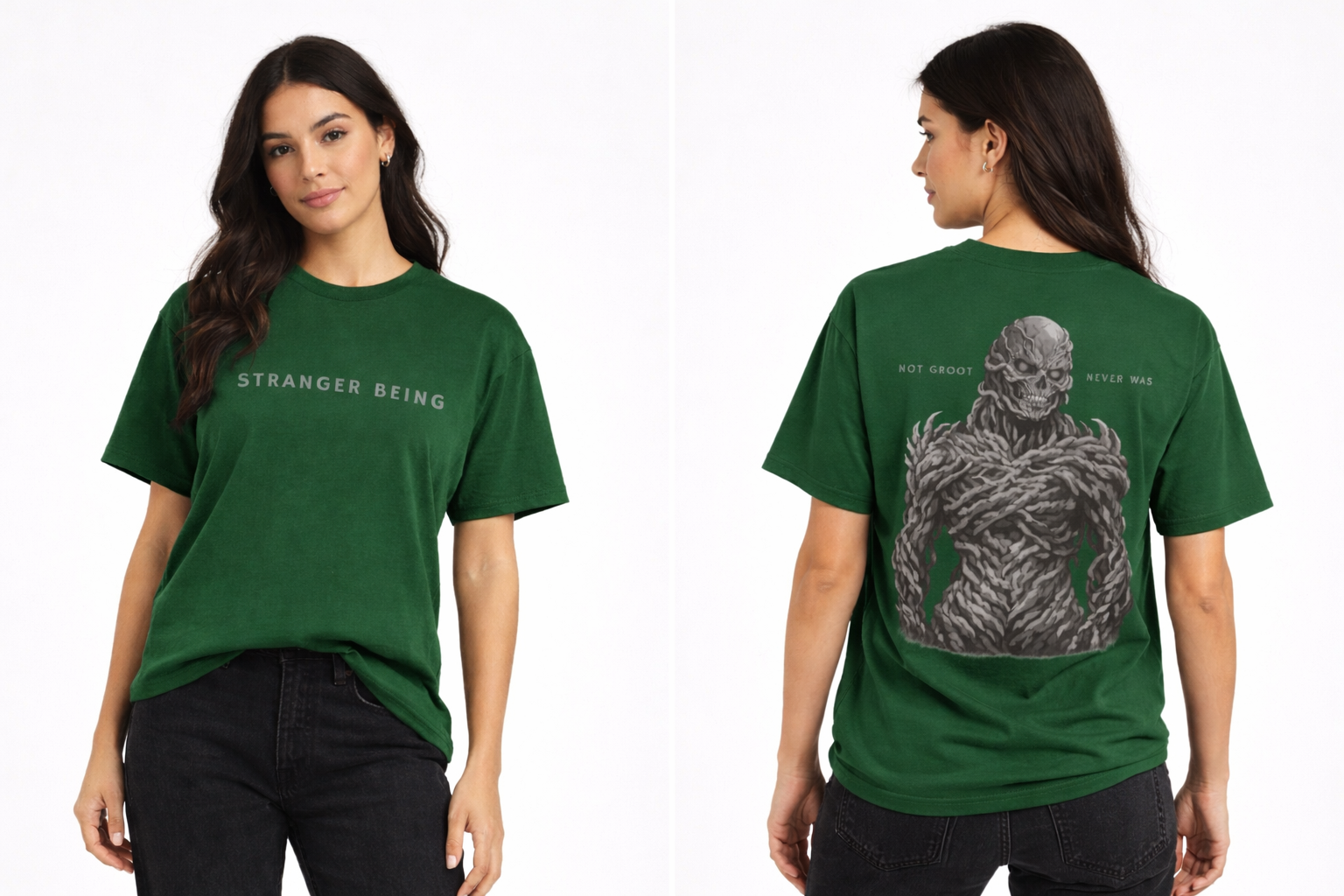 Model wearing green Stranger Things inspired streetwear t-shirt with bold graphic print