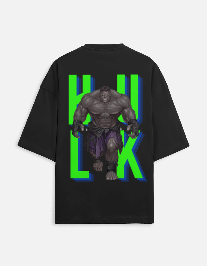 Back of a black oversized streetwear t-shirt featuring a muscular Hulk graphic and bold green HULK neon typography.