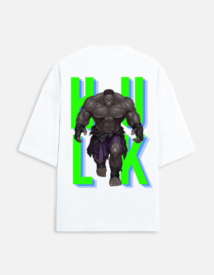 Back of a white oversized streetwear t-shirt featuring a muscular Hulk graphic and bold green HULK neon typography.