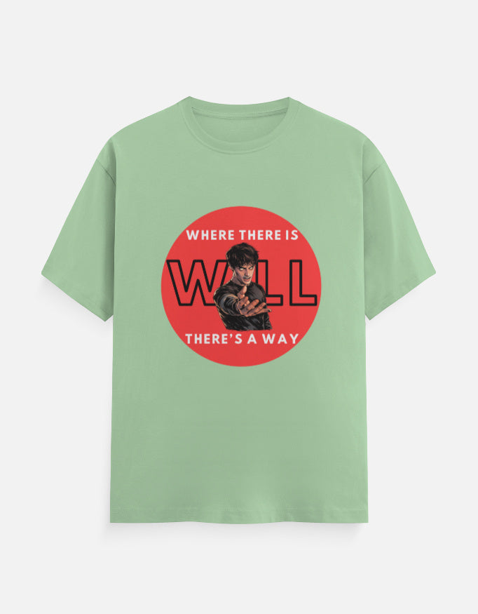 Jade graphic t-shirt with Stranger Things inspired will power design and red circular artwork