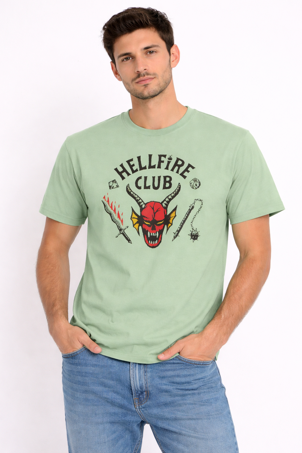 Model wearing jade Stranger Things inspired graphic t-shirt with Hellfire design