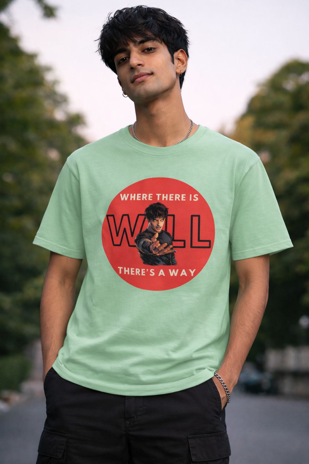 Model wearing jade Stranger Things inspired graphic t-shirt with bold red will design