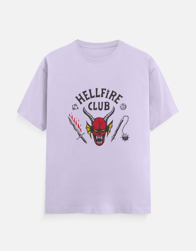 Lavender graphic t-shirt with Stranger Things inspired Hellfire design