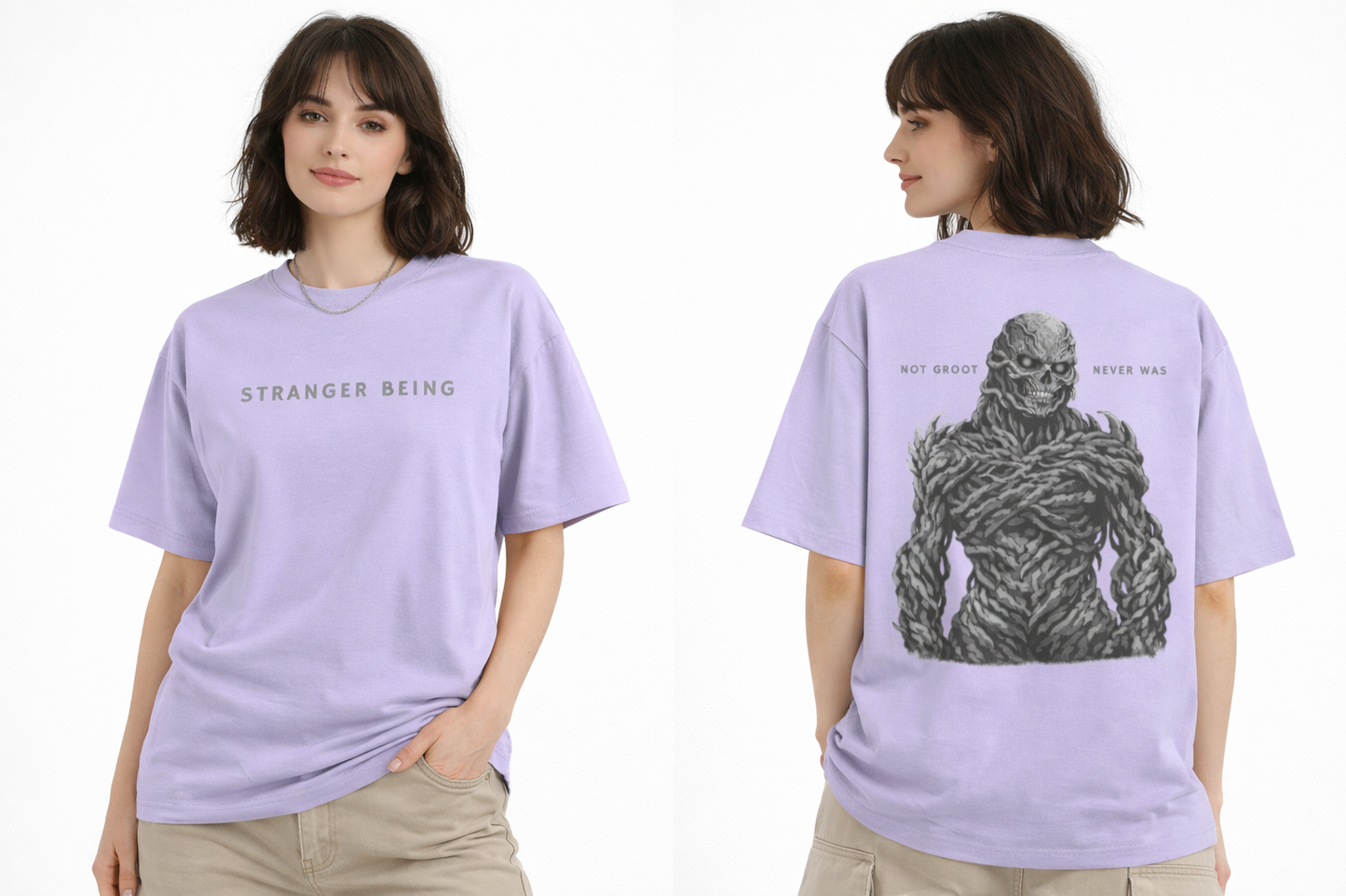 Model wearing lavender Stranger Things inspired streetwear t-shirt with bold graphic print