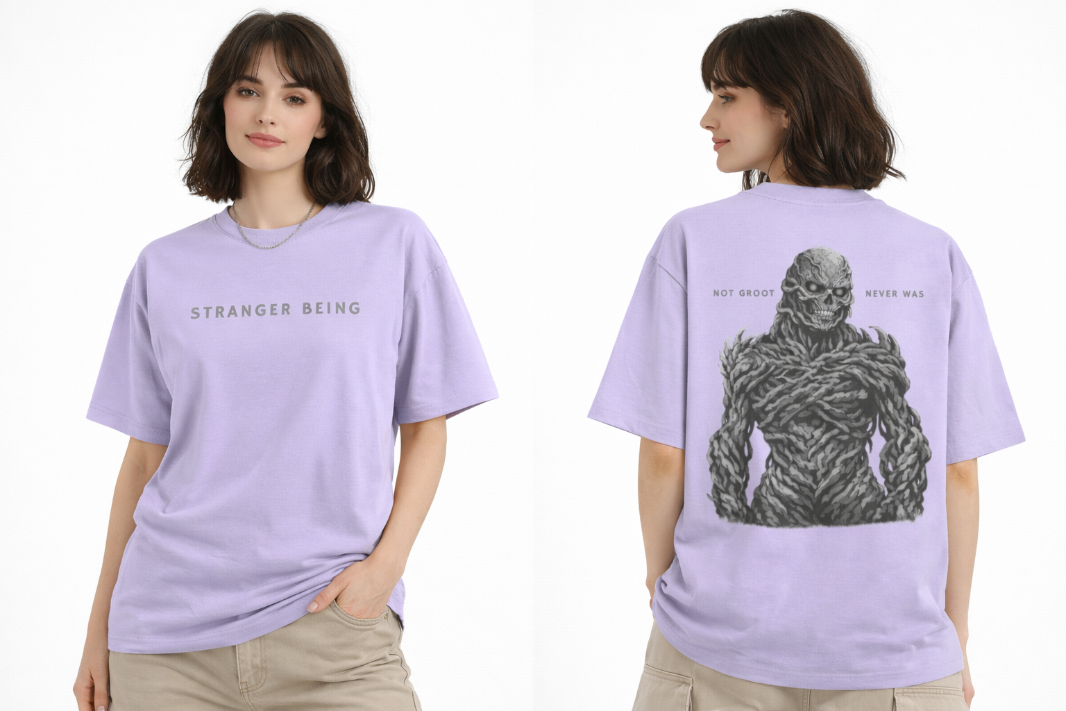 Model wearing lavender Stranger Things inspired streetwear t-shirt with bold graphic print