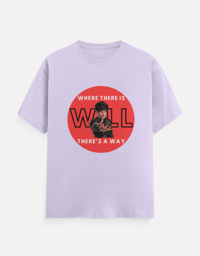 Lavender graphic t-shirt with Stranger Things inspired will power design and red circular artwork