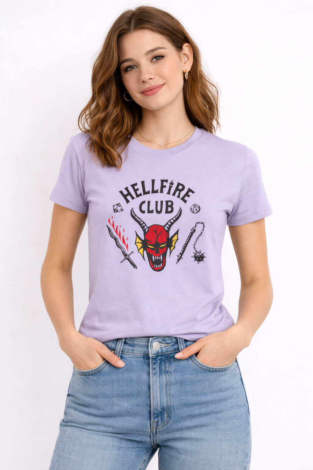Model wearing lavender Stranger Things inspired graphic t-shirt with Hellfire design