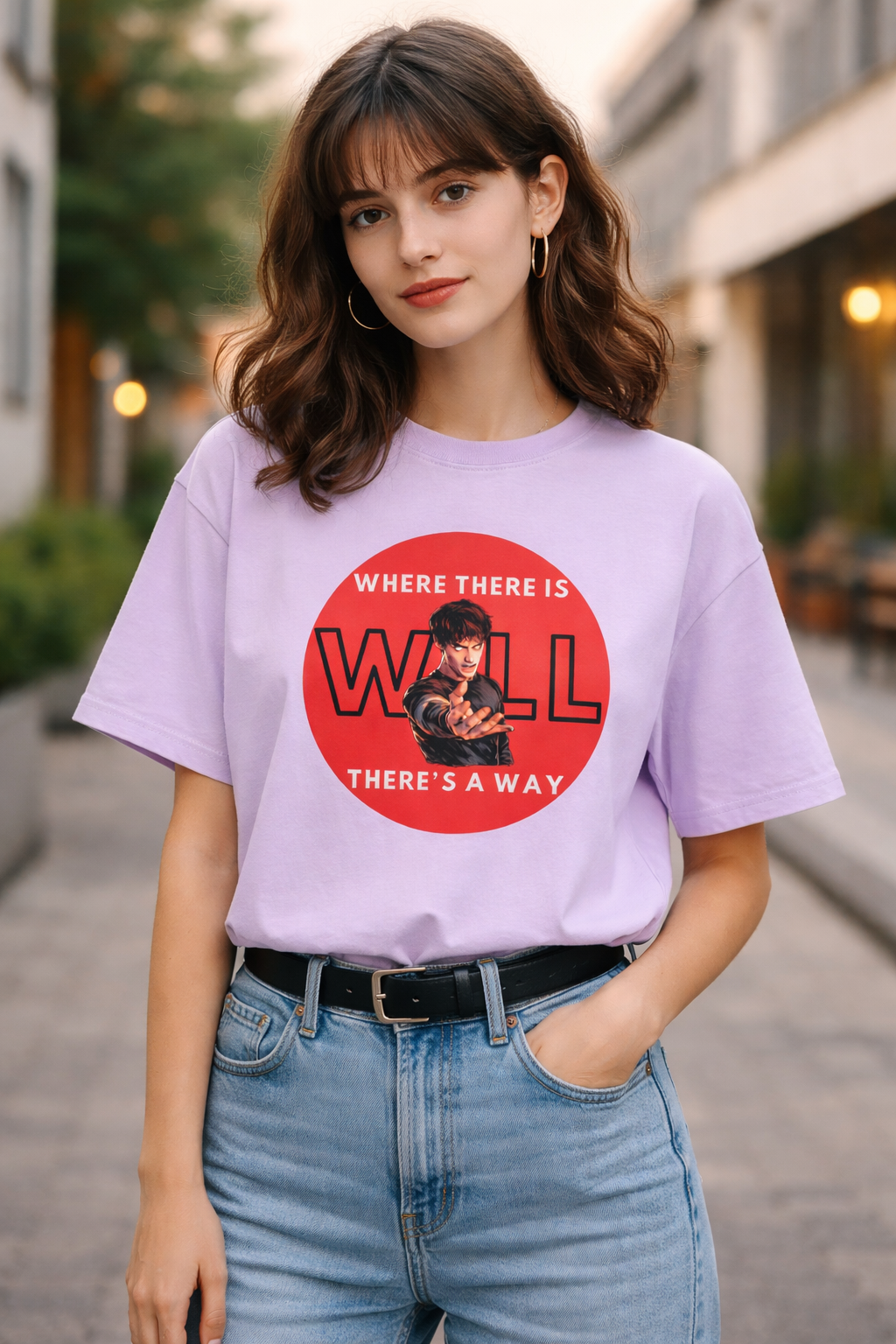 Model wearing lavender Stranger Things inspired graphic t-shirt with bold red will design