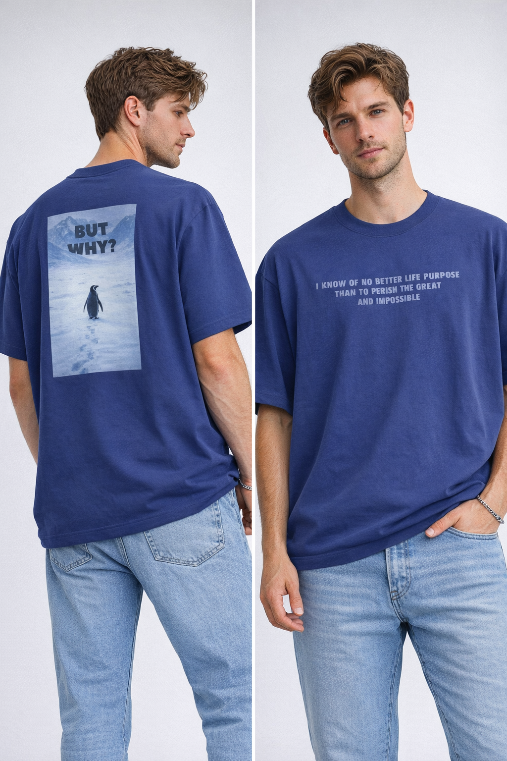 Model wearing a blue oversized t-shirt featuring the quote "I know of no better life purpose than to perish the great and impossible" printed in grey block letters across the chest.
T-shirt featuring a rectangular graphic of a lone penguin walking across a snowy Antarctic landscape toward mountains with the text "BUT WHY?" in bold grey letters.
