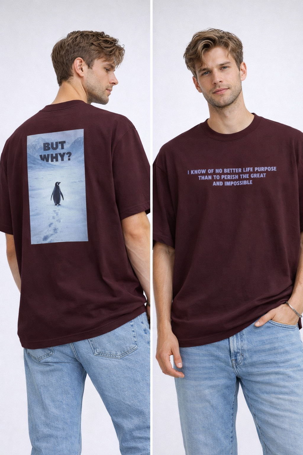 Model wearing a maroon oversized t-shirt featuring the quote "I know of no better life purpose than to perish the great and impossible" printed in grey block letters across the chest.
T-shirt featuring a rectangular graphic of a lone penguin walking across a snowy Antarctic landscape toward mountains with the text "BUT WHY?" in bold grey letters.
