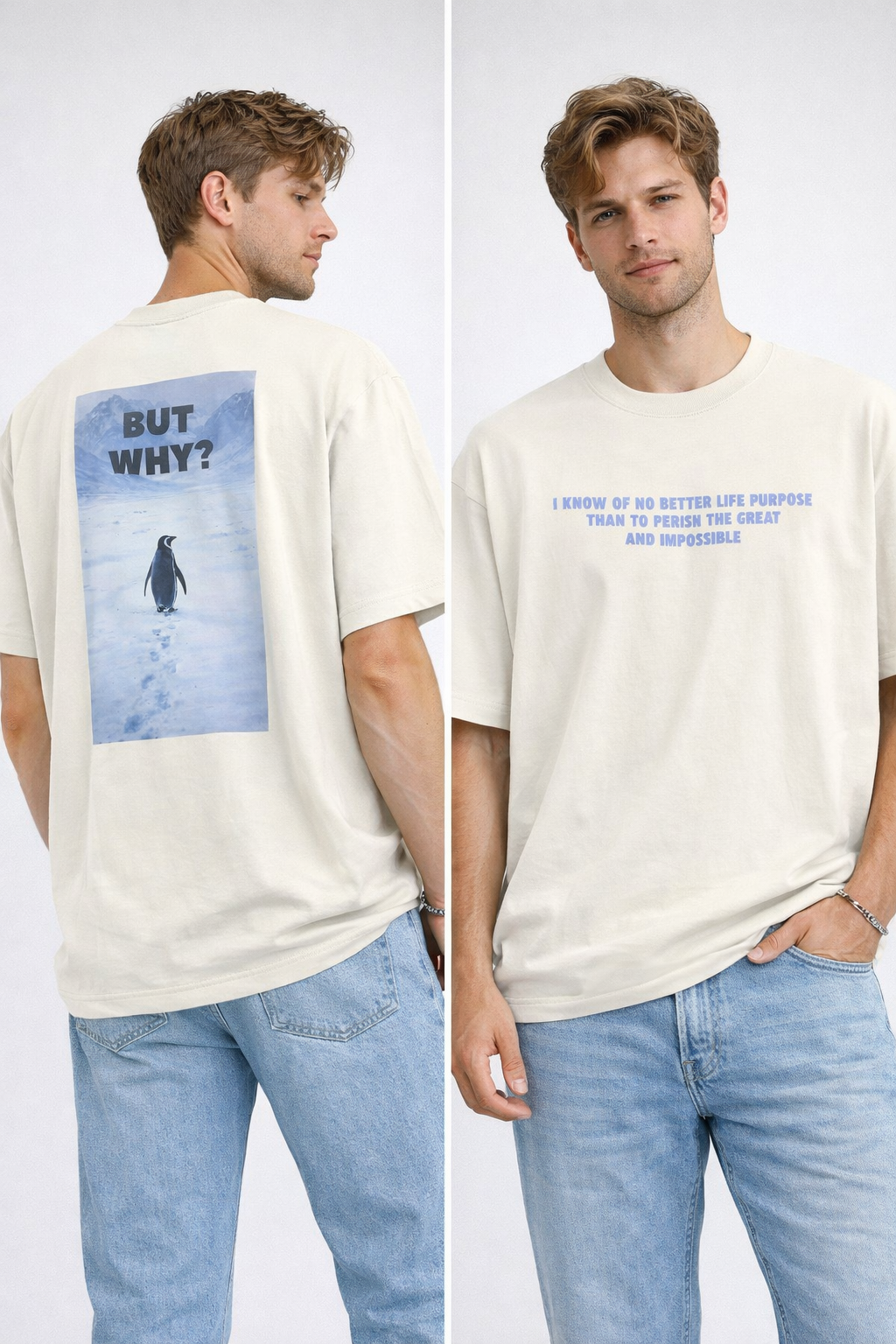 Model wearing a OFF-WHITE oversized t-shirt featuring the quote "I know of no better life purpose than to perish the great and impossible" printed in grey block letters across the chest.
T-shirt featuring a rectangular graphic of a lone penguin walking across a snowy Antarctic landscape toward mountains with the text "BUT WHY?" in bold grey letters.