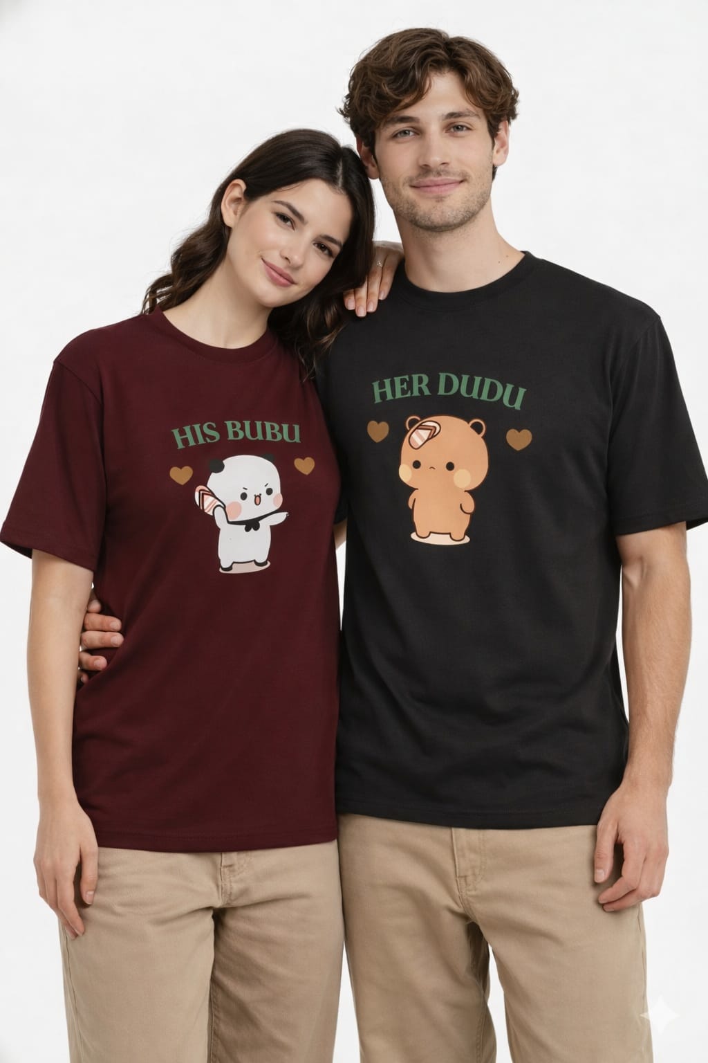 Two people wearing matching t-shirts with Her Dudu, His Bubu design for couples for valentines day
