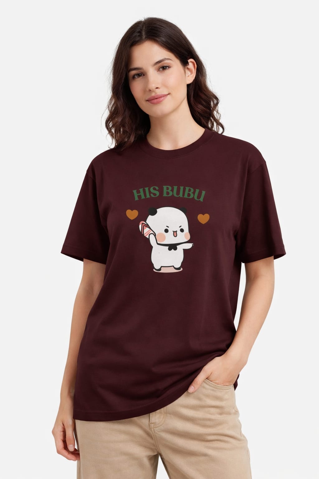 Model wearing His bubu cute bear couple t-shirt for women