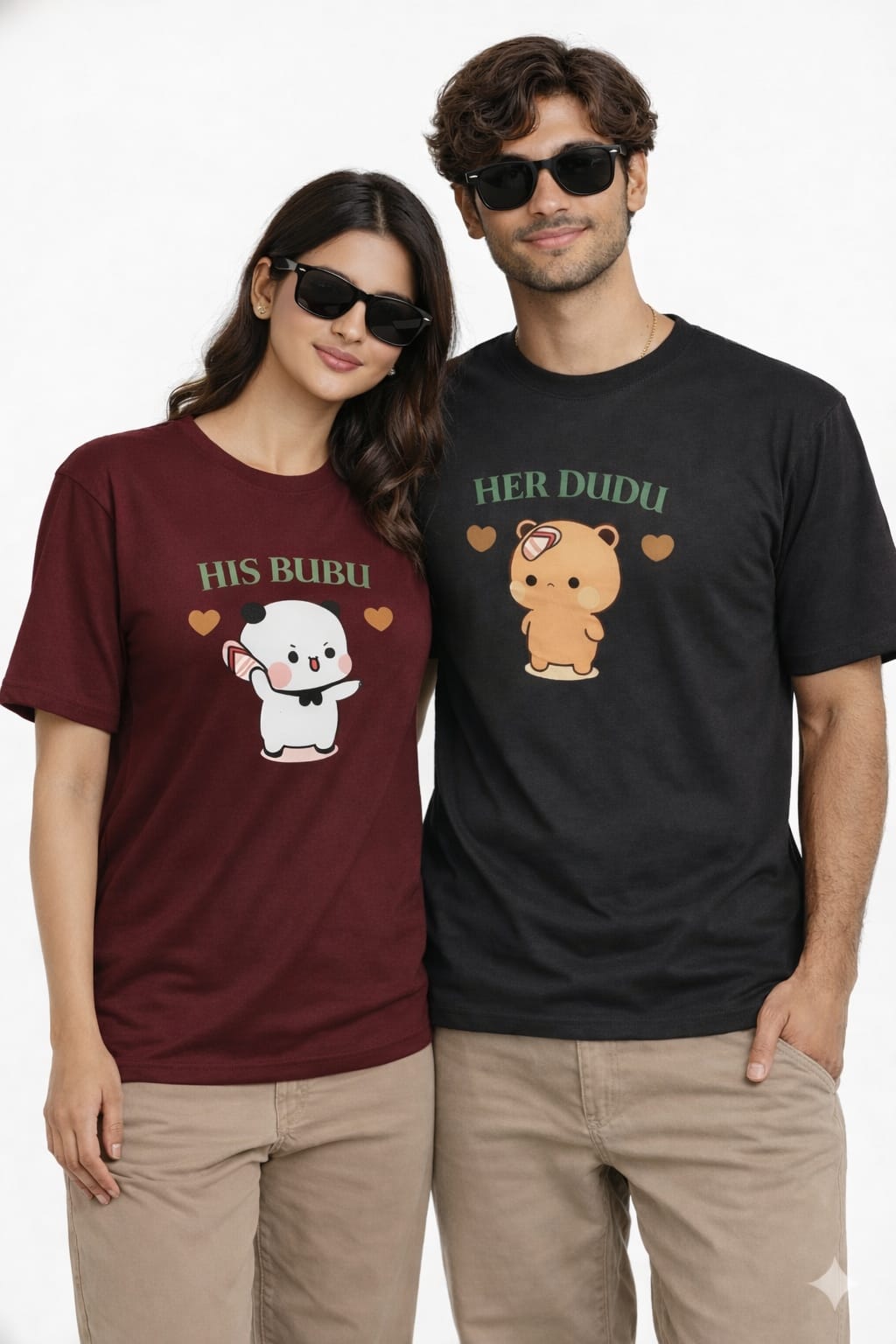 Two people wearing matching t-shirts with Her Dudu, His Bubu design for couples for valentines day