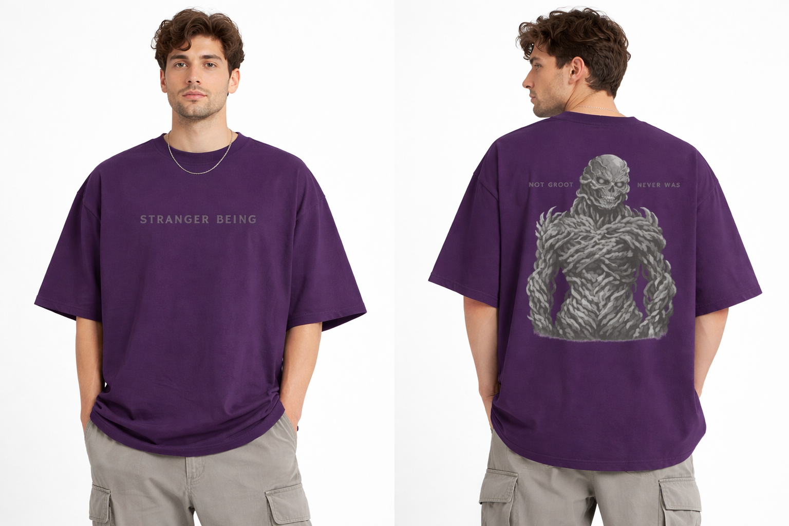 Model wearing purple Stranger Things inspired streetwear t-shirt with bold graphic print