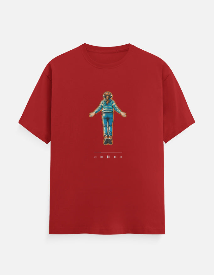 Red graphic t-shirt with Stranger Things inspired Max flying t-shirt
